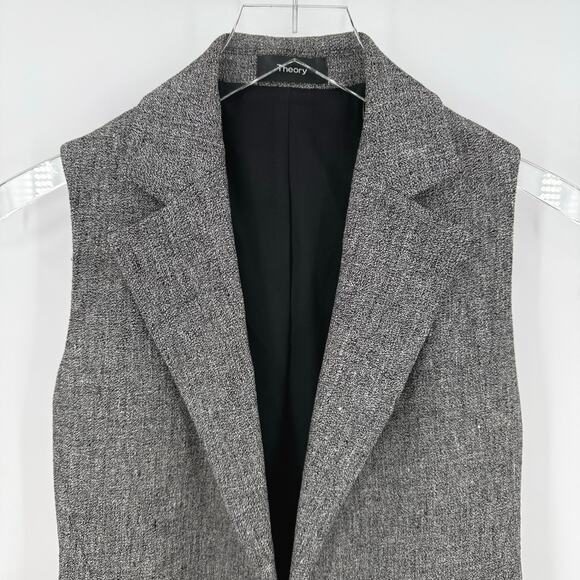 Theory Sedeia Gray Linen Crepe Vest Womens Size 2  Open Front Black White Boucle - Picture 2 of 8